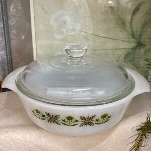 Vintage Fire King White with Meadow Green Decoration 1-Quart Casserole Dish #436
